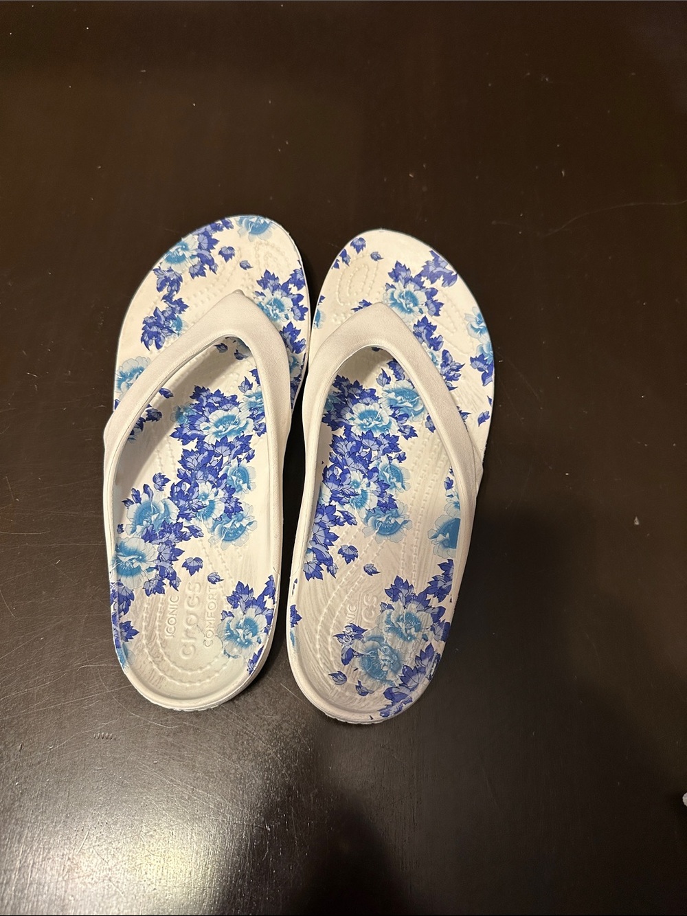 CROCS White Flip Flop Sandals with Blue Floral Print